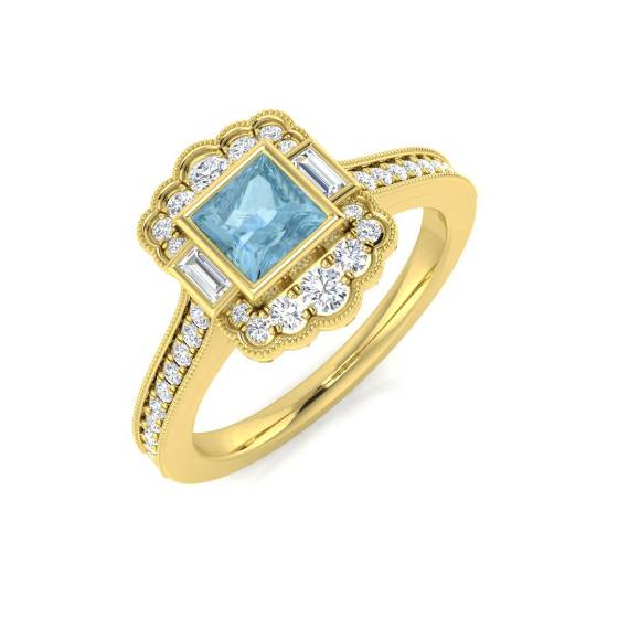 Princess Cut Aquamarine Gemstone Bezel Set Ring