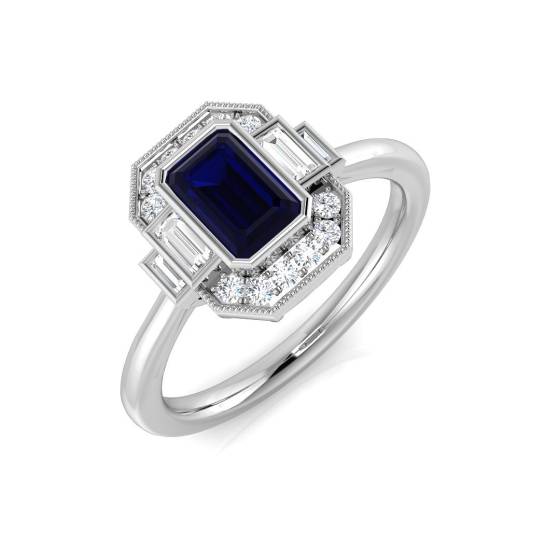 Emerald Cut Blue Sapphire Gemstone Bezel Set Ring