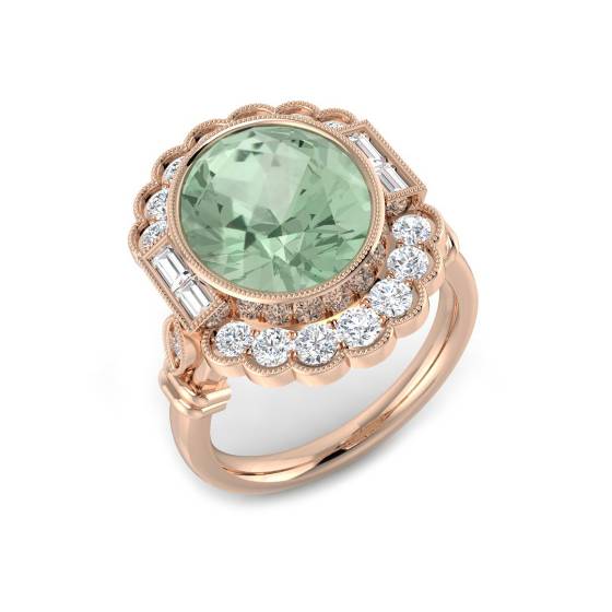 Oval Cut Green Amethyst Gemstone Bezel Set Diamond  Ring