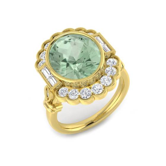 Oval Cut Green Amethyst Gemstone Bezel Set Diamond  Ring