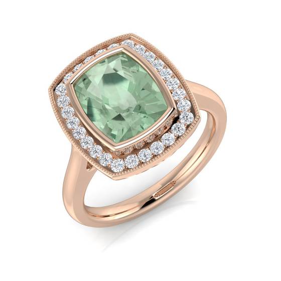 Cushion Green Amethyst Bezel Set Round Diamond Halo Ring