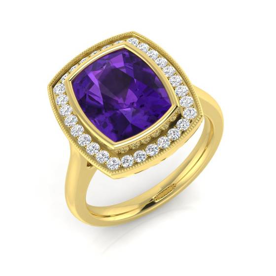 Cushion Cut Amethyst Gemstone Bezel Set Ring