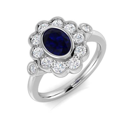 Oval Cut Blue Sapphire Gemstone Bezel Set Halo Ring