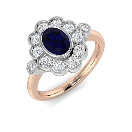 Oval Cut Blue Sapphire Gemstone Bezel Set Halo Ring
