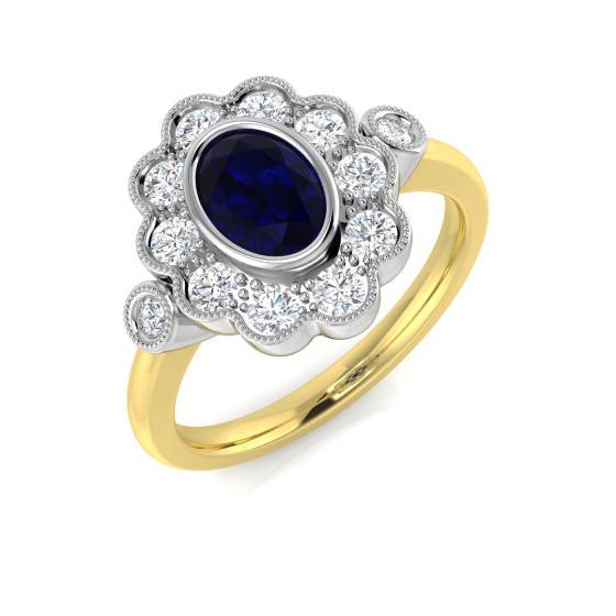 Oval Cut Blue Sapphire Gemstone Bezel Set Halo Ring