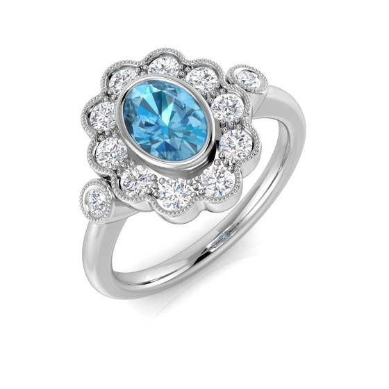 Oval Cut Blue Topaz Gemstone Bezel Set Halo Ring