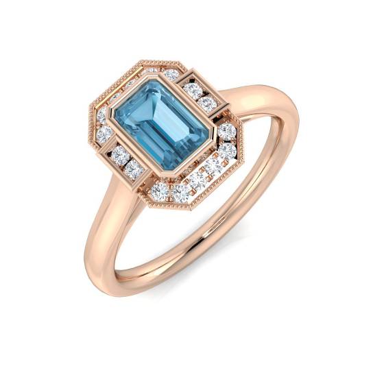 Emerald Cut Blue Topaz Gemstone Bezel Set Ring