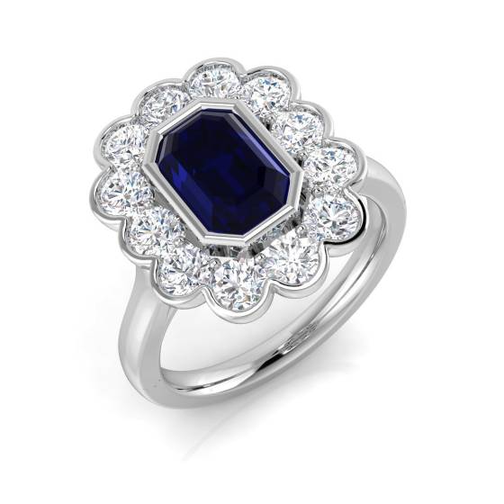 Emerald Cut Blue Sapphire Gemstone Bezel Set Halo Ring