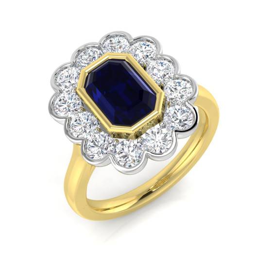 Emerald Cut Blue Sapphire Gemstone Bezel Set Halo Ring