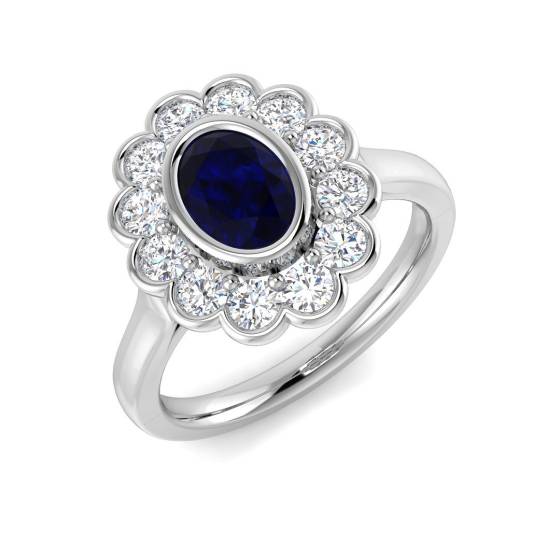 Oval Cut Blue Sapphire Gemstone Bezel Set Halo Ring