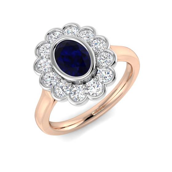 Oval Cut Blue Sapphire Gemstone Bezel Set Halo Ring