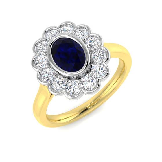 Oval Cut Blue Sapphire Gemstone Bezel Set Halo Ring