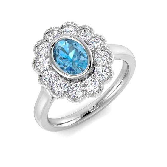 Oval Cut Blue Topaz Gemstone Bezel Set Halo Ring