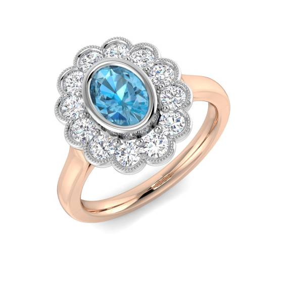Oval Cut Blue Topaz Gemstone Bezel Set Halo Ring
