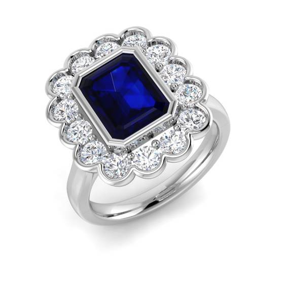 Emerald Cut Blue Sapphire Gemstone Bezel Set Halo Ring