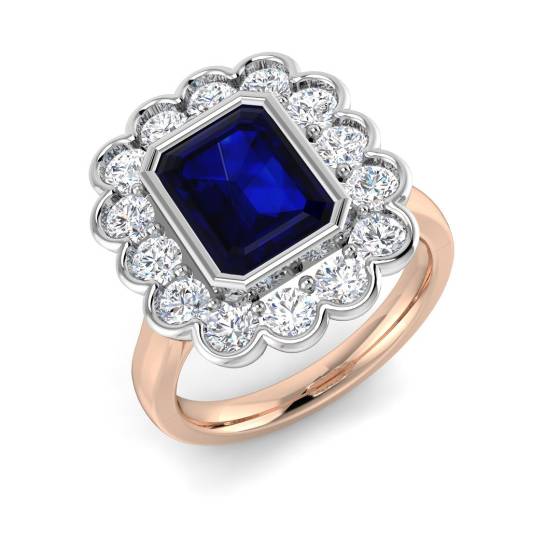 Emerald Cut Blue Sapphire Gemstone Bezel Set Halo Ring
