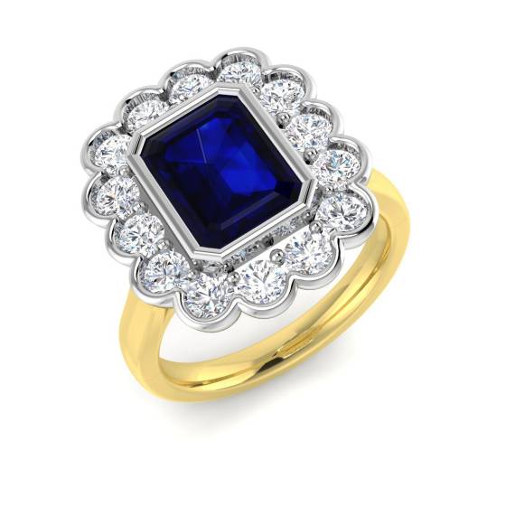 Emerald Cut Blue Sapphire Gemstone Bezel Set Halo Ring