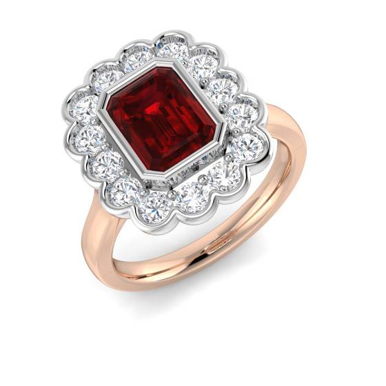 Emerald Cut Ruby Gemstone Bezel Set Halo Ring