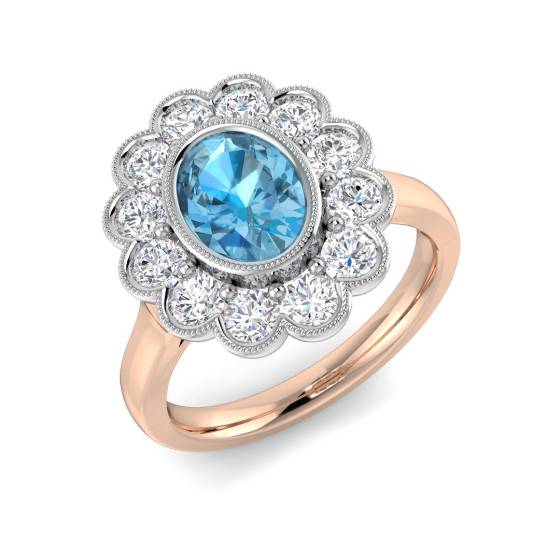 Oval Cut Blue Topaz Gemstone Bezel Set Halo Ring