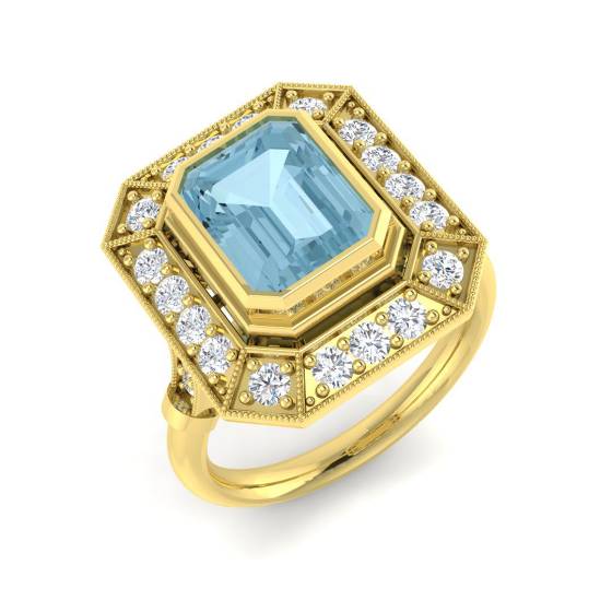Emerald Cut Aquamarine Gemstone Bezel Set Halo Ring