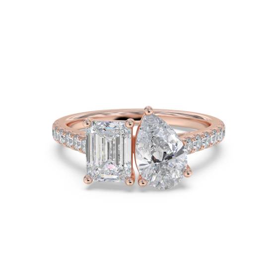 Two Stone Emerald and Pear Diamond Shoulder Set Ring