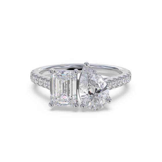 Two Stone Emerald and Pear Diamond Shoulder Set Ring