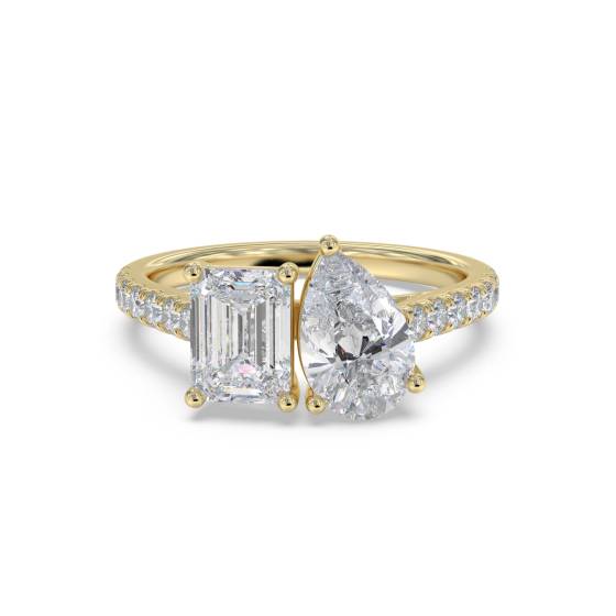 Two Stone Emerald and Pear Diamond Shoulder Set Ring