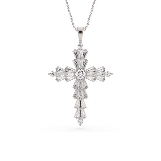 Round and Baguette Diamond Cross Pendant