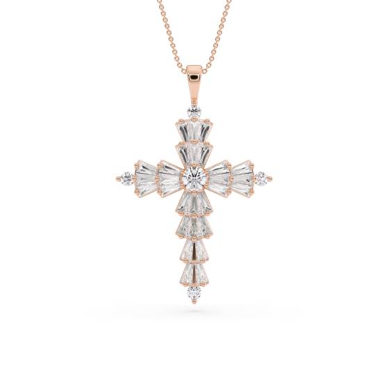 Round and Baguette Diamond Cross Pendant