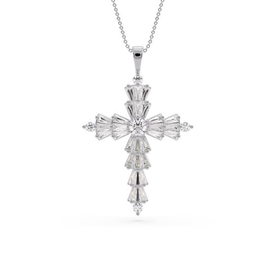 Round and Baguette Diamond Cross Pendant