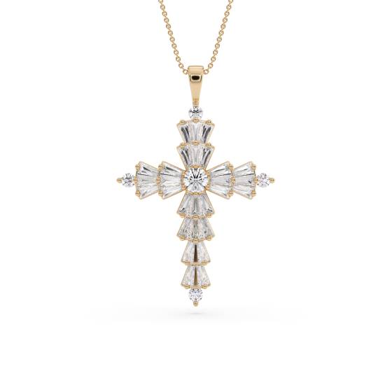 Round and Baguette Diamond Cross Pendant