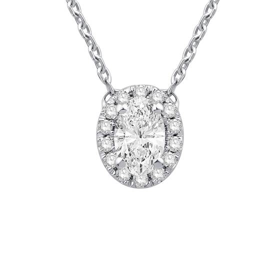 0.39ct VS/F-G Natural Oval Diamond Halo Pendant in 9k White Gold