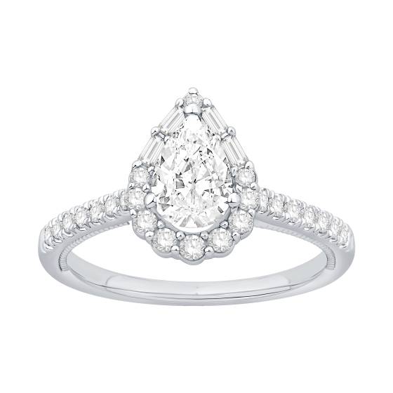 1.00ct Pear Halo Baguette and Round With Baguette Sides and Round Shoulder Set Ring