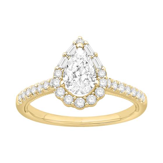 1.00ct Pear Halo Baguette and Round With Baguette Sides and Round Shoulder Set Ring