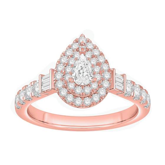 0.75ct Double Pear Diamond Halo Baguette Sides Round Shoulder Set Ring