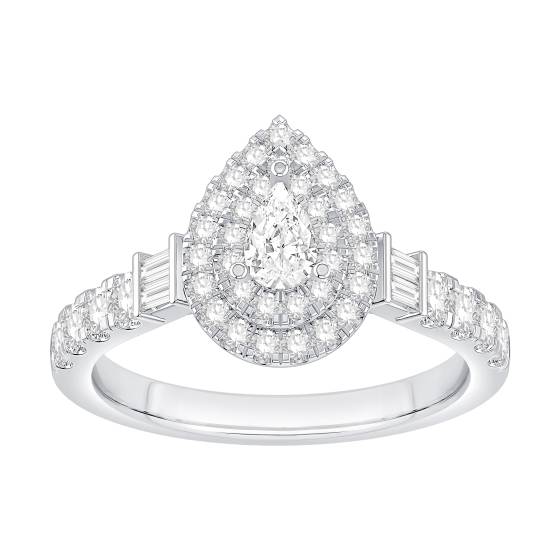 0.75ct Double Pear Diamond Halo Baguette Sides Round Shoulder Set Ring