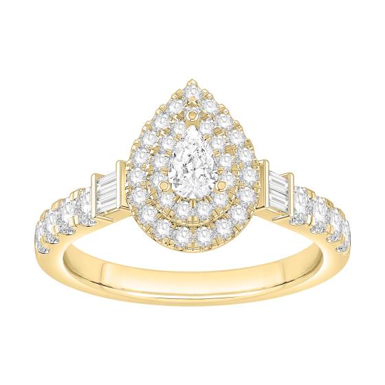 0.75ct Double Pear Diamond Halo Baguette Sides Round Shoulder Set Ring