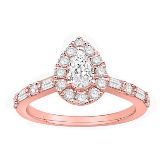 0.75ct Pear Diamond Halo Baguette and Round Shoulder Set Ring