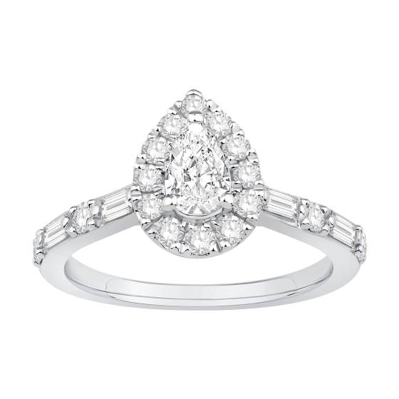 0.75ct Pear Diamond Halo Baguette and Round Shoulder Set Ring