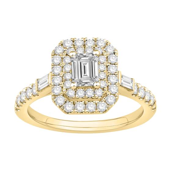 1.00ct Emerald Diamond Double Halo Baguette Side Round Shoulder Set Ring