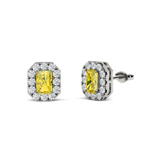 Fancy Yellow Radiant Diamond Halo Earrings
