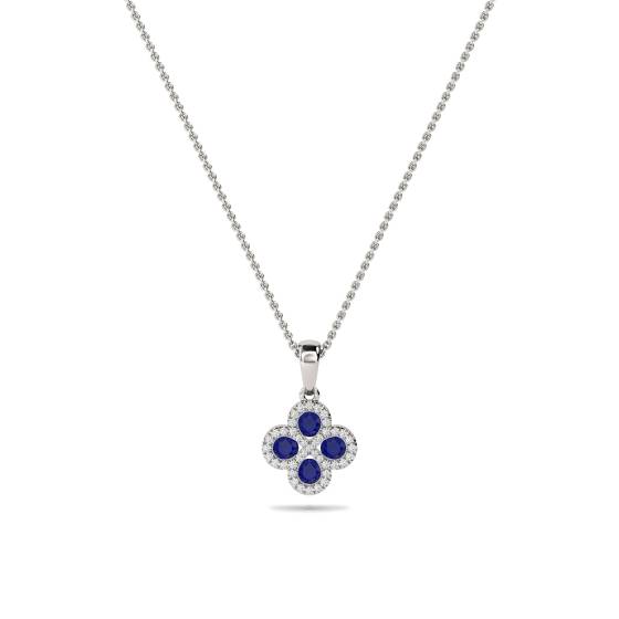 Blue Sapphire and Diamond Halo Clover Pendant