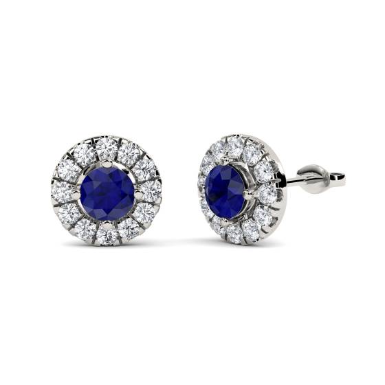 Round Blue Sapphire and Diamond Cluster Earrings