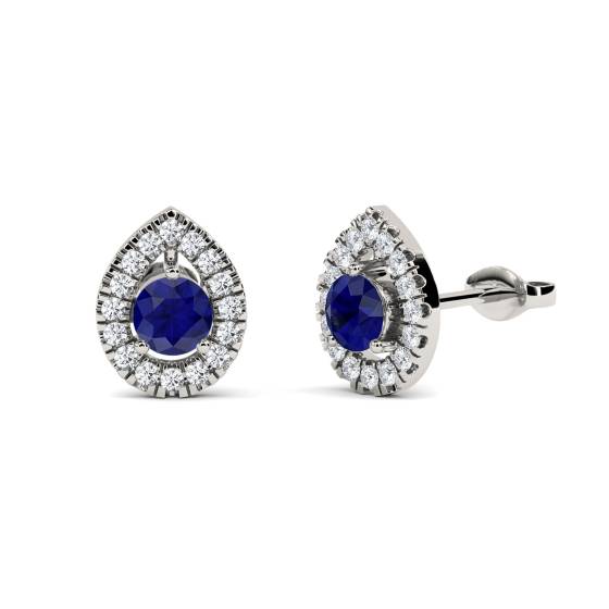 Round Blue Sapphire and Diamond Cluster Earrings