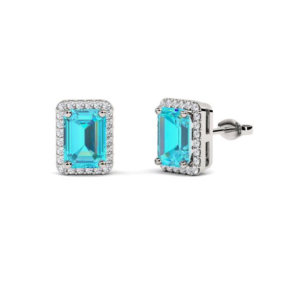 Emerald Shaped Aquamarine and Diamond Cluster Earrings