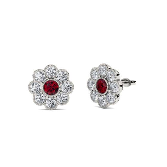 Round Ruby and Diamond Bezel Set Cluster Earrings