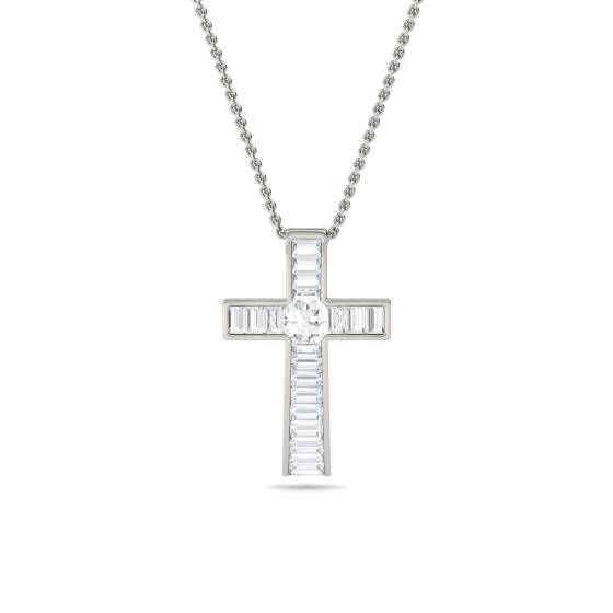 Round and Baguette Diamond Cross Pendant