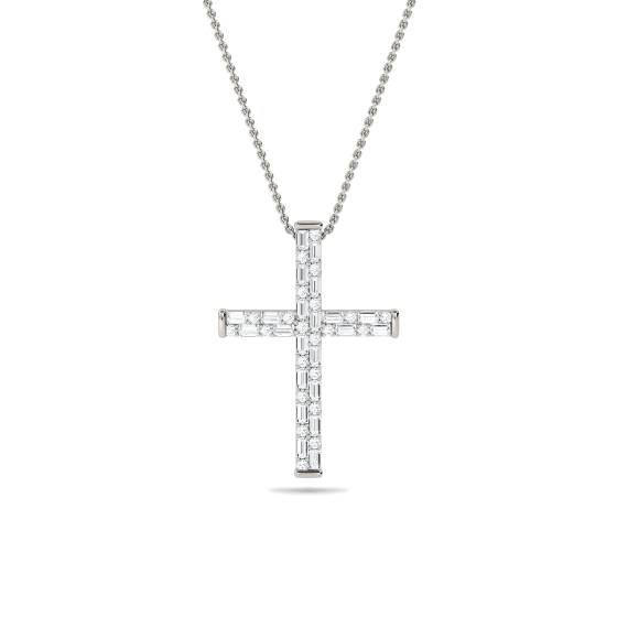 Round and Baguette Diamond Cross Pendant