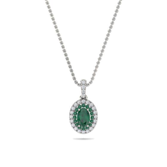 1.45ct Emerald Double Halo Oval Pendant and Chain