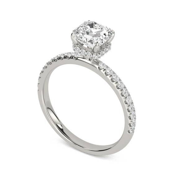 Asscher Diamond High Set Hidden Halo Shoulder Set Ring